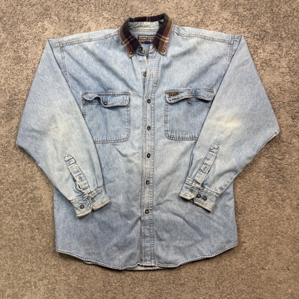 Point Zero Vintage Denim Shirt Light Wash Size M Plaid Collar Workwear